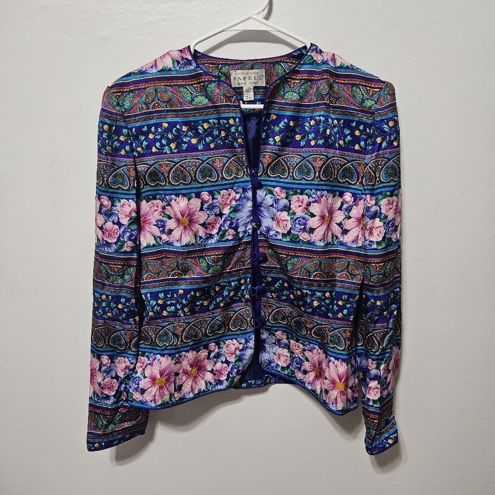 Vtg Adrianna Papell Womens 100% Silk Floral Jacket Size 6 Boho Artsy Button B18